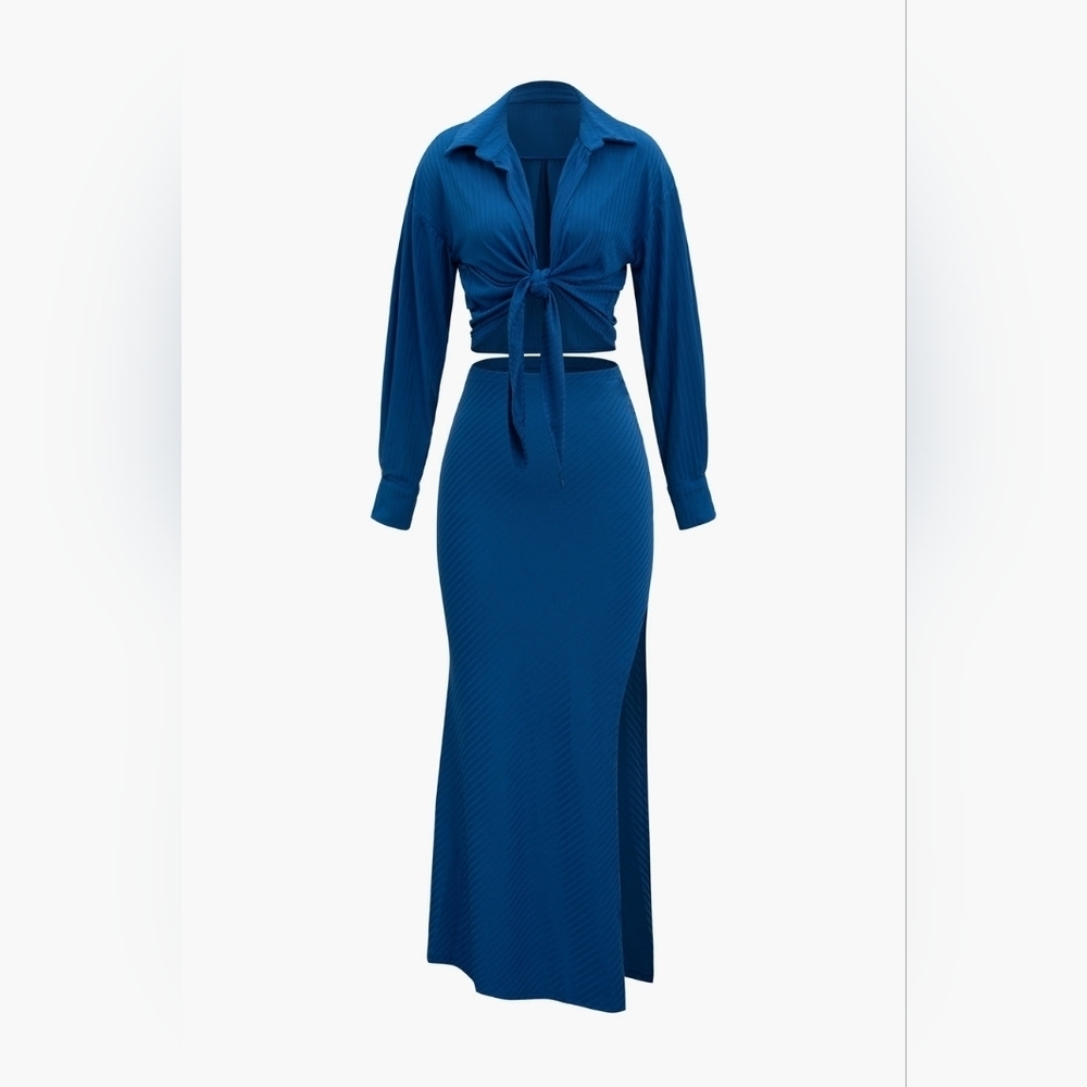 Ribbed Knot Front Blouse And Slit Skirt Set